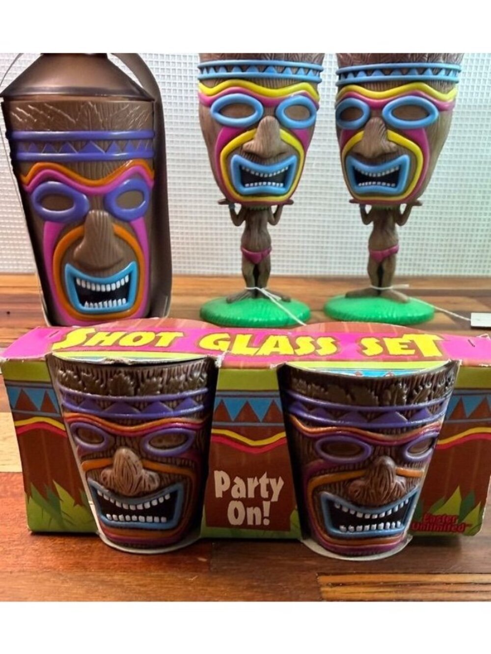 Vintage Plastic Tiki Barware Bundle – Shaker, Goblets, & Packaged Shot Glass Set - Picture 10 of 12